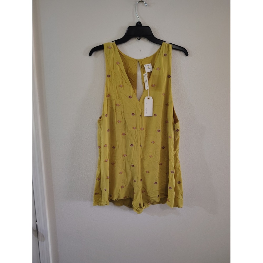 By Together Mustard Yellow Embroidered Sleeveless Romper V-Neck‎ Open Back Large